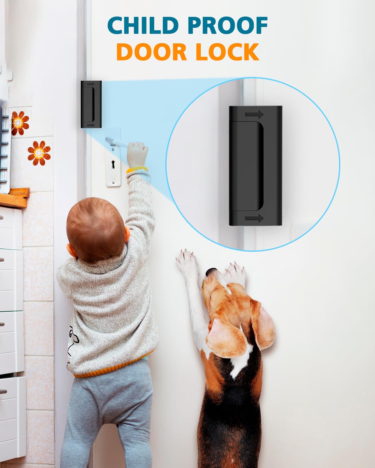 Home Security Door Reinforcement Lock, Child Proof Top Flip Latch for Inward Swinging Front Gate, Premium Safety Protection Guard Withstands 800 lbs, High Placement Metal Lockout Device