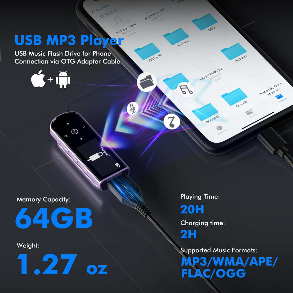 RUIZU 64GB USB MP3 Player with Bluetooth 5.3, Clip Jam Portable Music Player for Sports Running, USB MP3 Player Stick with FM Radio, Voice Recorder, Digital Audio Shuffle Repeat, Phone File Transfer