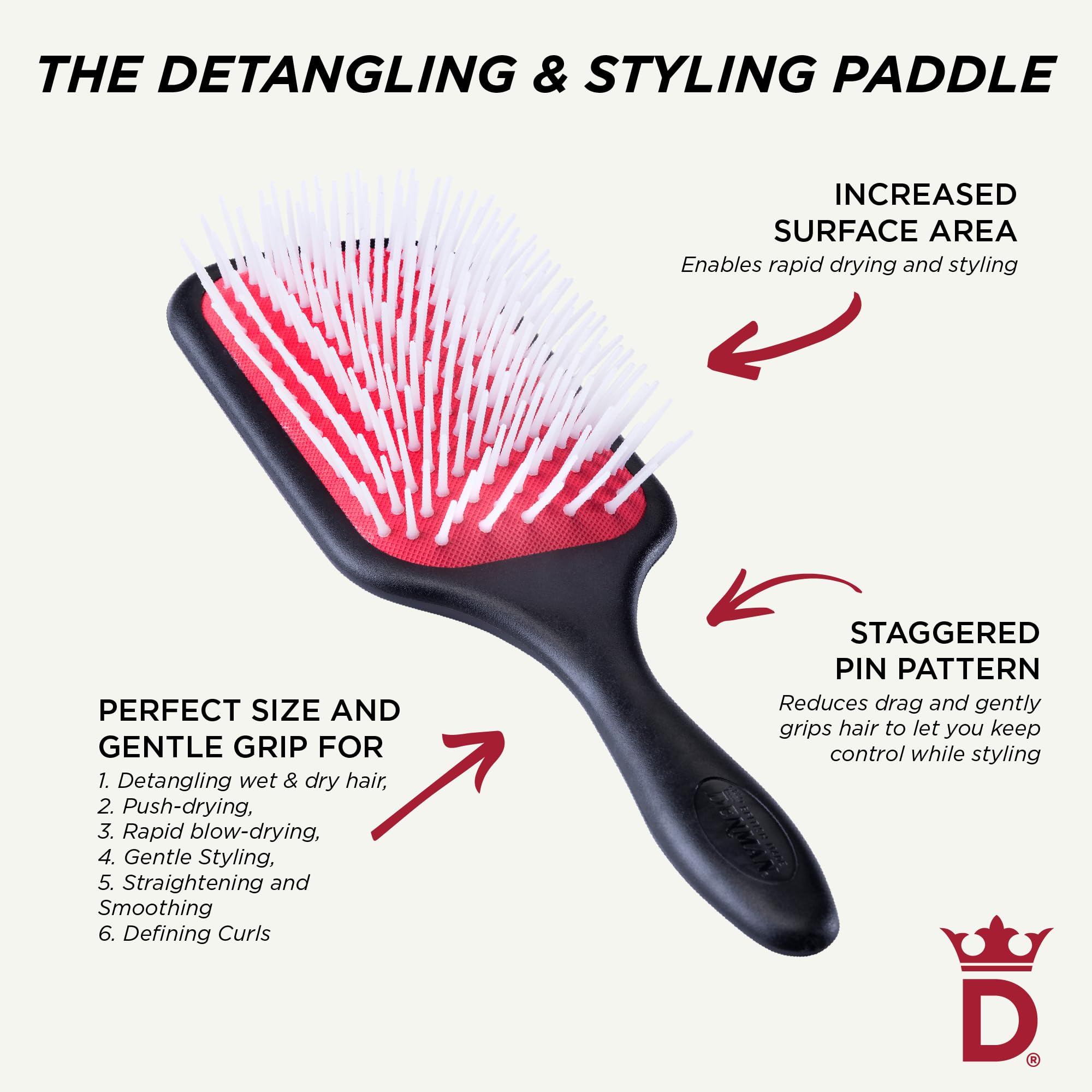 Denman Power Paddle Hair Brush for Quick and Convenient Detangling, Blow Drying and Styling - Combination of D3 Styling Pens & Paddle Brush - For Men and Women P038