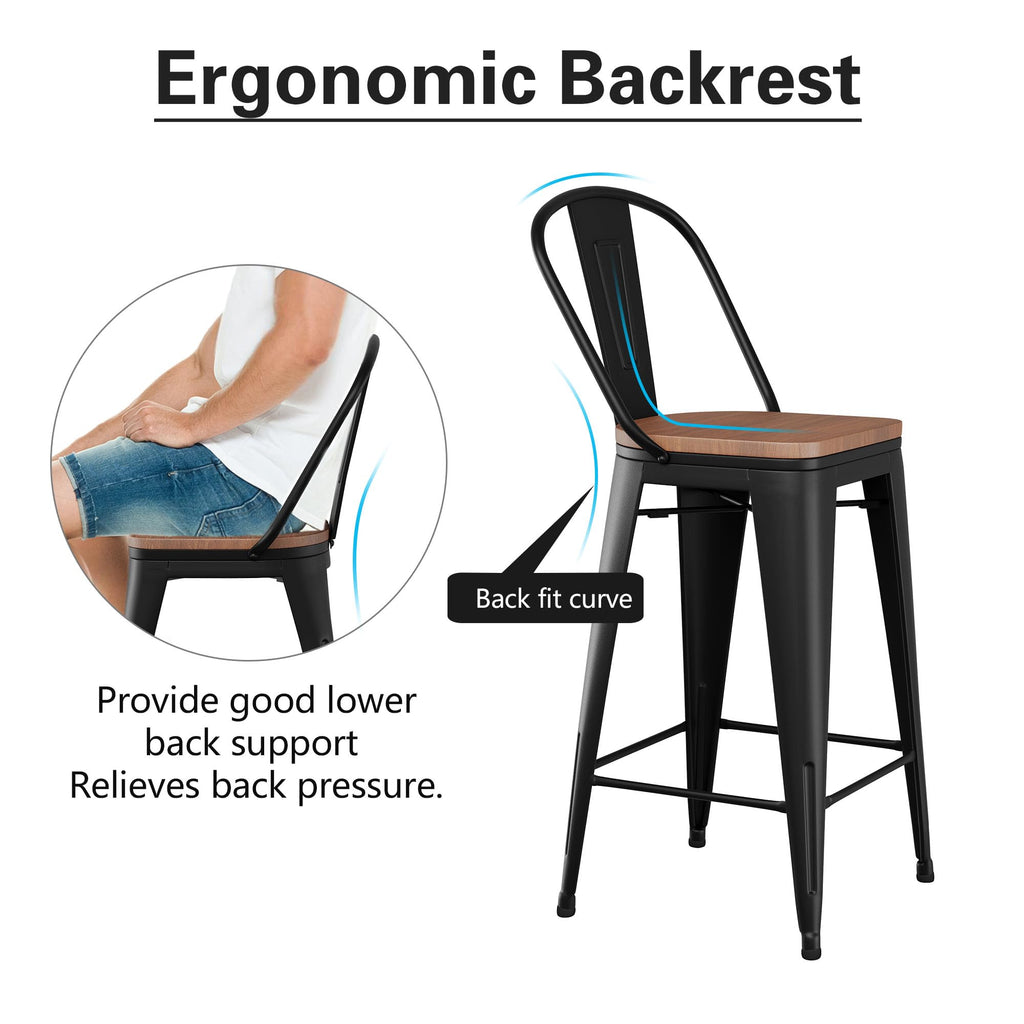 Alunaune 24" Swivel Metal Bar Stools Set of 4 High Back Counter Height Barstools Industrial Dining Bar Chairs with Large Wooden Seat-Matte Black