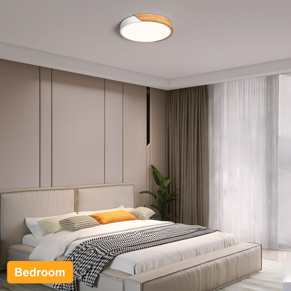 Modern LED Ceiling Light, Minimalist Wood Dimmable Flush Mount Ceiling Light Fixture, Round 5CCT Lighting Lamp with Acrylic Lampshade for Bedroom Hallway Kitchen Laundry, Black 11.8"