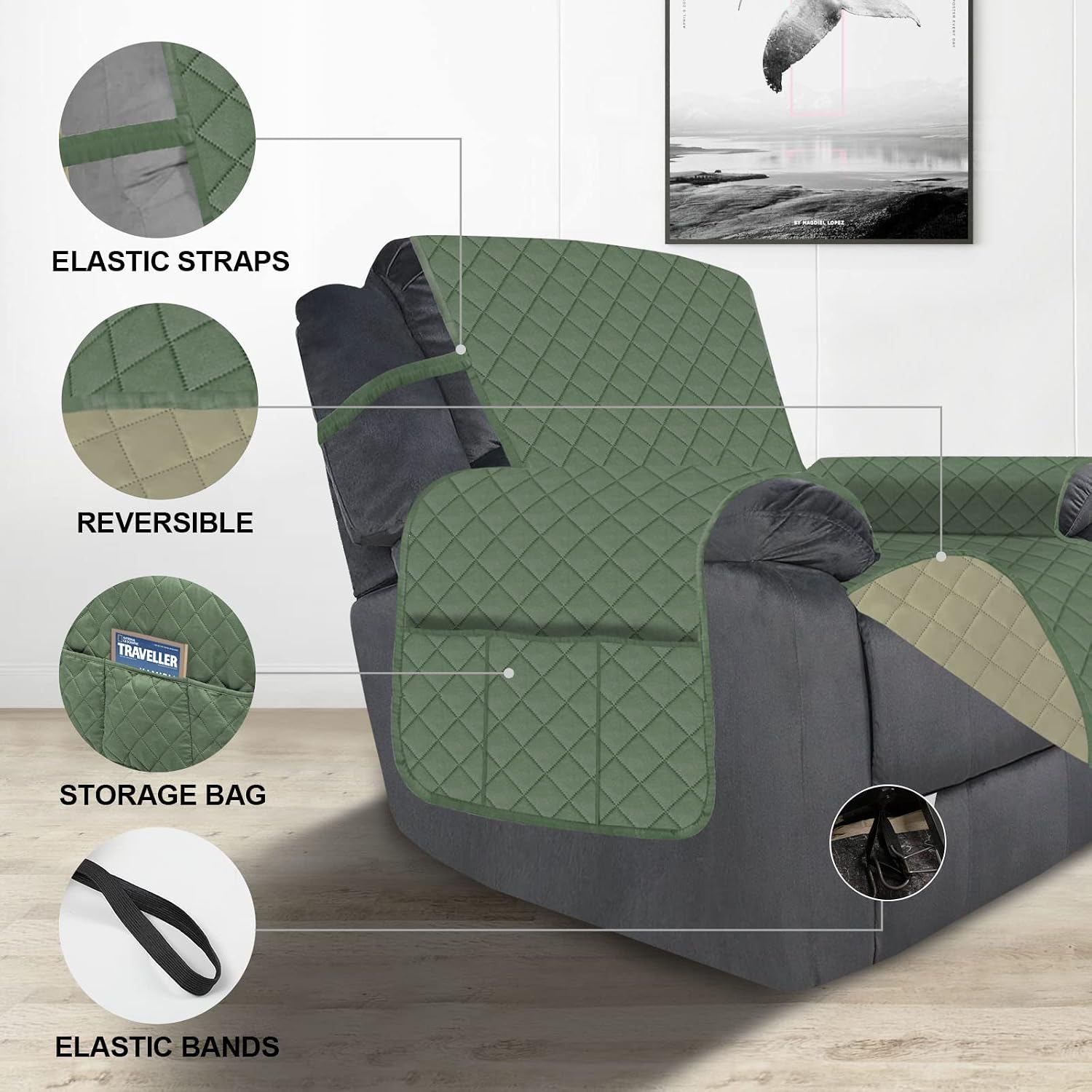 Deeky Recliner Chair Covers for Large Recliner, Reclining Chair Cover Slipcovers, Couch Sofa Covers for Dogs Pets Reversible Water Resistant Furniture Covers with Elastic Straps, Greyish Green/Beige