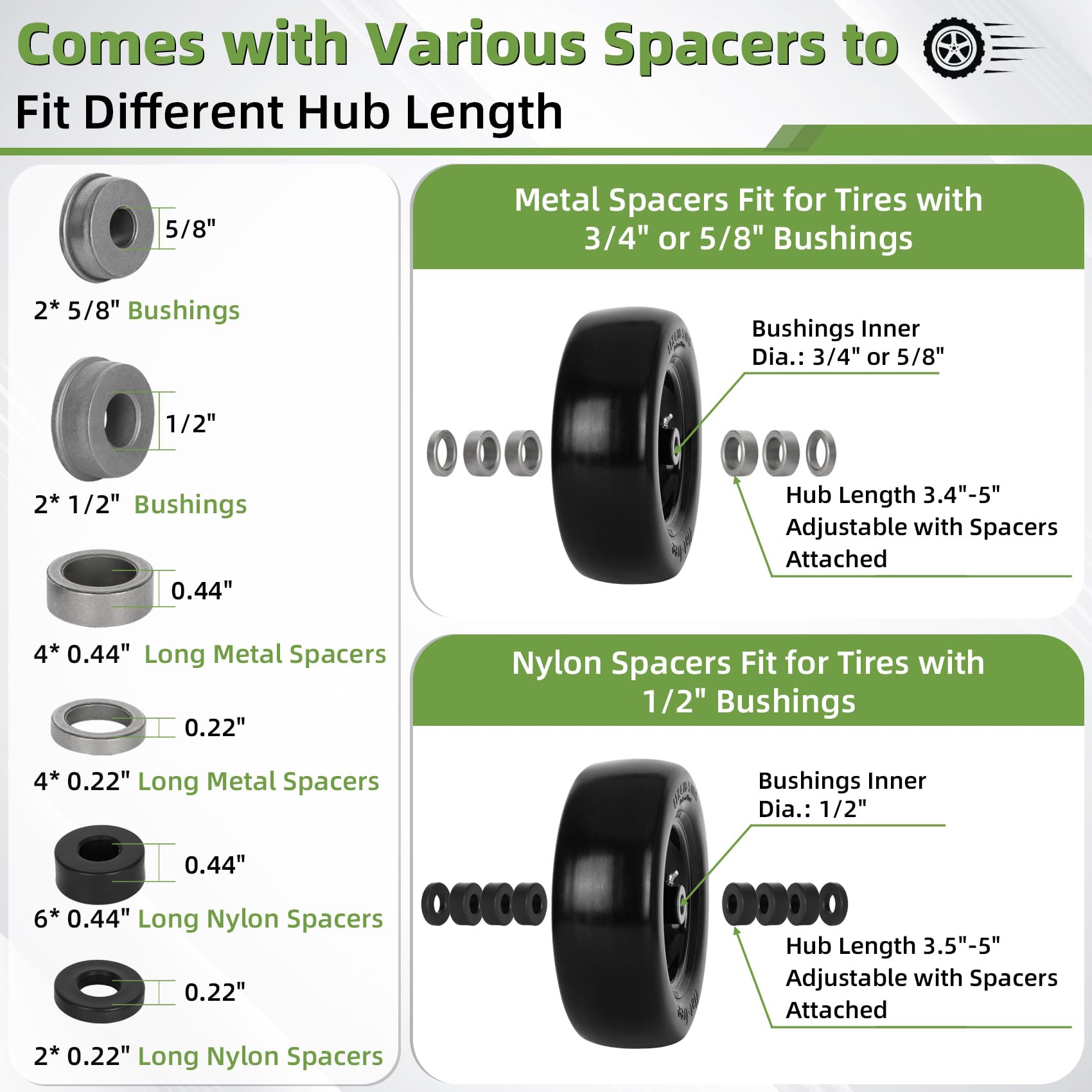 2 PCS 11x4.00-5" Lawn Mower Tires Flat Free,3/4" 5/8" 1/2" Bushing,3.4"-4"-4.5"-5" Centered Hub,Universal Fit Smooth Tread Tire for Zero Turn Lawn Mowers, with Universal Adapter Kit(Blcak Rim)
