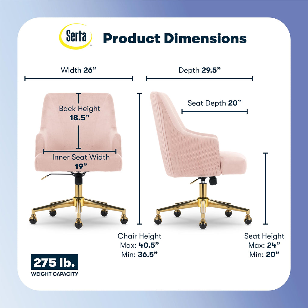 Serta Scarlett Modern Office Chair, Pleated and Curved Mid-Back Desk Chair, Pocket Coil Seat Cushion, Padded Armrests, Vanity Armchair with Wheels, Swivel Gold Base, Beige Velvet Fabric