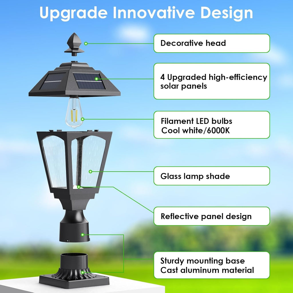Benany Solar Post Lights Outdoor, Aluminium Solar Lamp Post Light with Pier Mount Base, Outside Decor for Yard Garden Pole Pillar, 100 Lumens (Cool White) ﻿