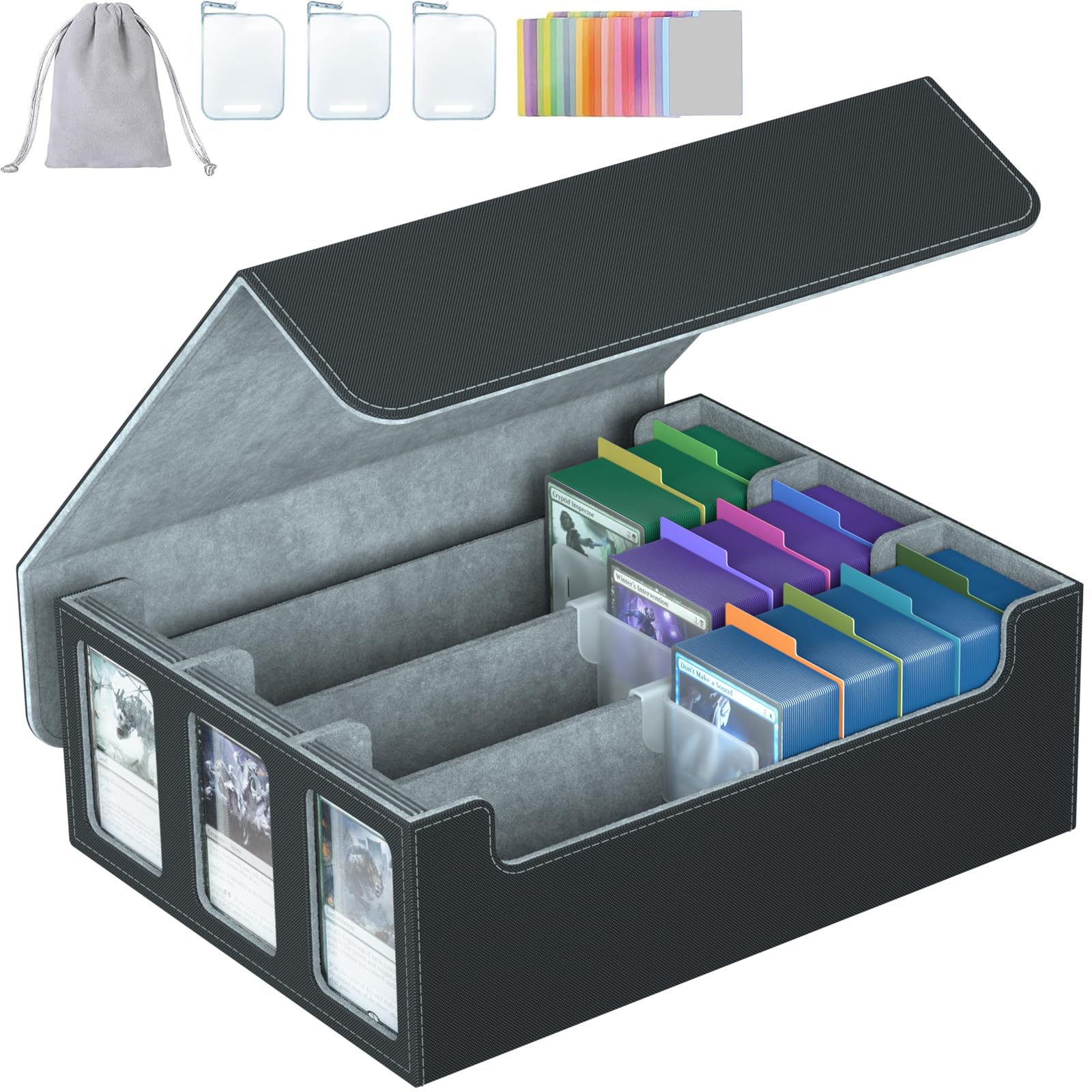 3-Row Trading Card Storage Box, Bulk Cards Case for 2400+ Mtg tcg Magic Playing Game Card Organizer, Commander Deck Box with 3 Supports & 24 Dividers