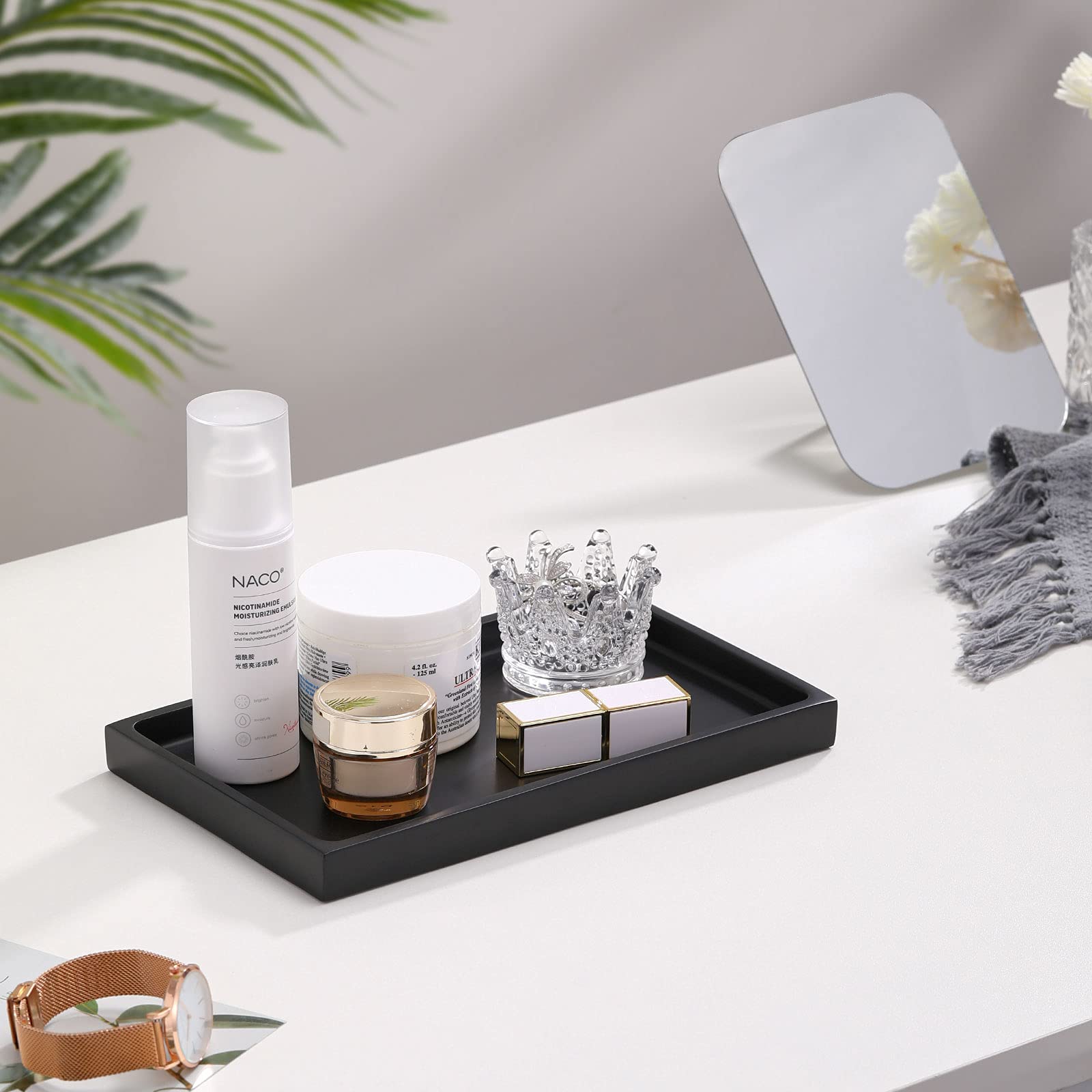 Luxspire Bathroom Vanity Tray, Resin Dresser Jewelry Ring Dish Tank Storage Kitchen Sink Countertop Organizer Plate Holder for Perfume Candles Soap Towel Plant Bathroom Accessories, M, Matte Black