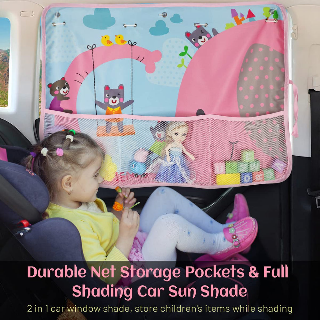 Car Sun Shade Side Window, 2 Pcs Blackout Car Window Shade for Baby Privacy with Storage Net Pockets Auto Curtains 7 Suction Cups for Heat/UV Protection Sun Block Covers