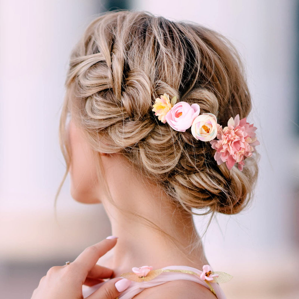 BBTO Flower Hair Clip Rose Hair Clips Barrettes for Women Flower Accessories Boho Bride Claw Clip Hairpin Brooch Pin Headpiece for Wedding(Beige Orange Series,21 Pcs)