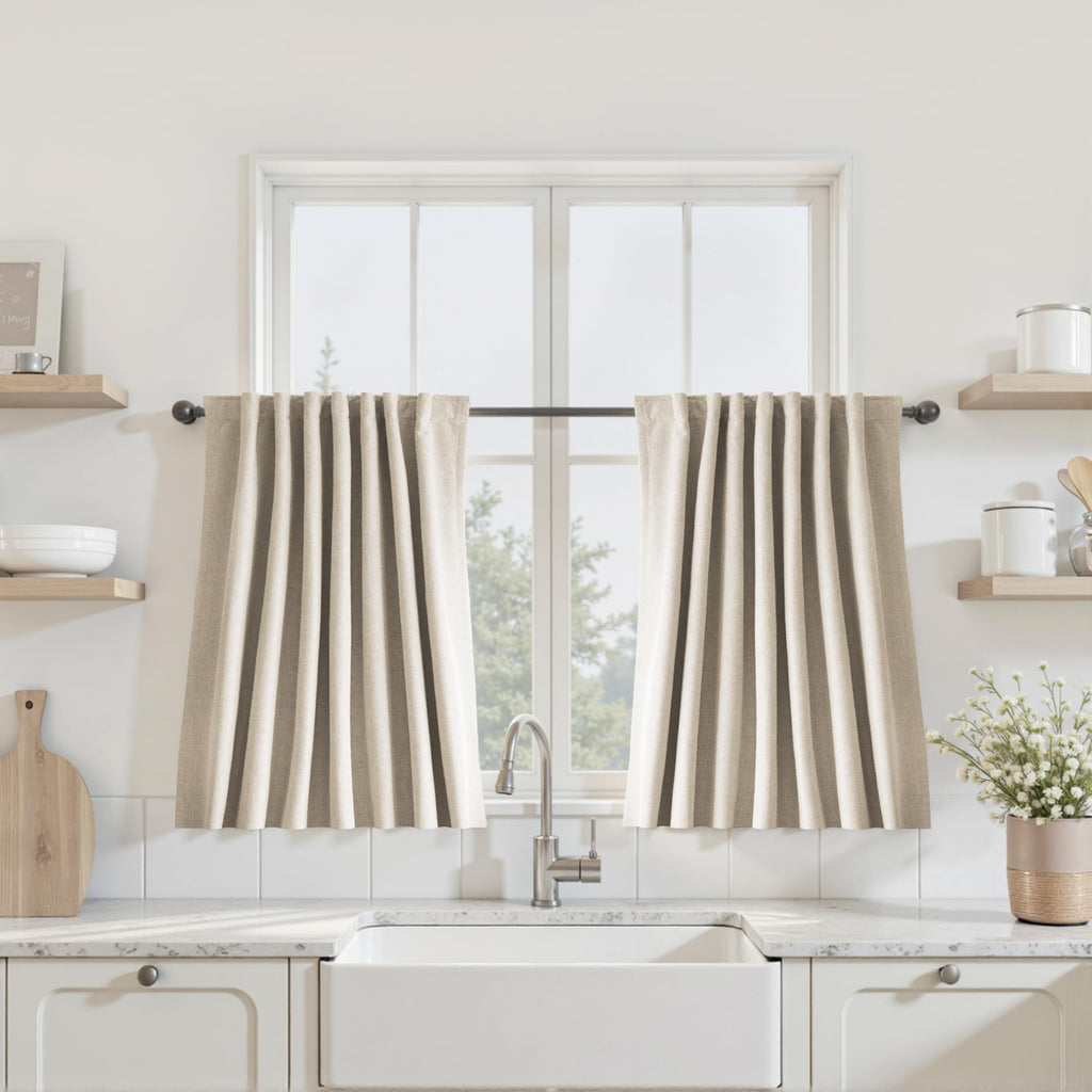 UHITECH Short Linen Curtains 24 Inch Long for Farmhouse Small Windows Modern Cafe Sytle Blackout Curtains for Living Room Back Tab Thermal Black Out Drapes 2ft