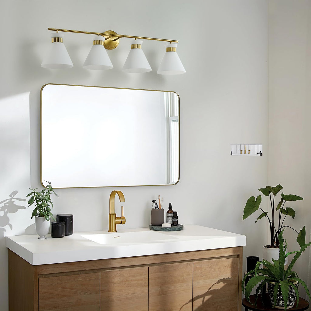 WOSHITU Gold Bathroom Light Fixtures: Modern Vanity Lighting Fixtures 2 Lights for Bathroom Mid Century Vanity Light Sconces Over Mirror with Frosted Milky Glass for Bath Bedroom Makeup