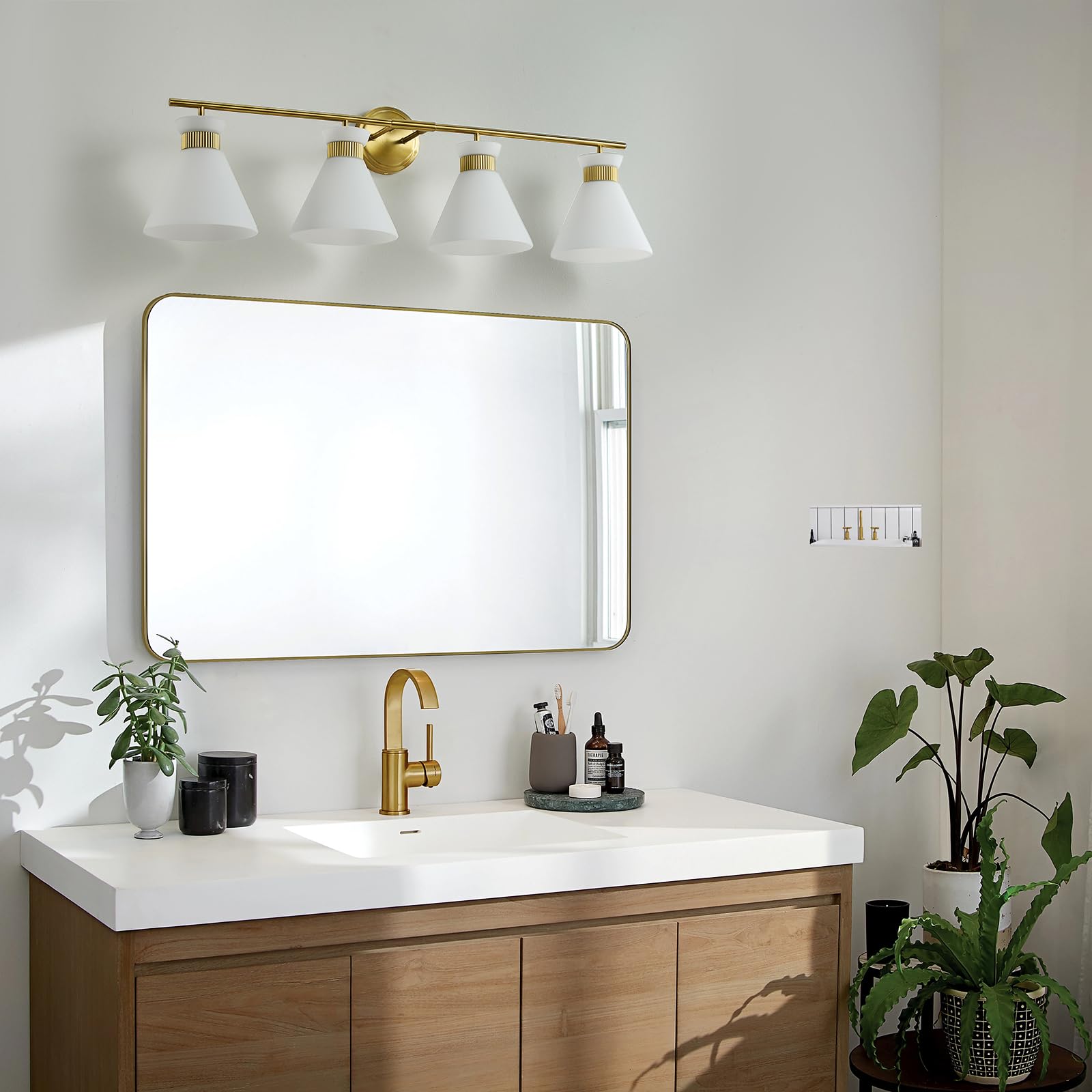 WOSHITU Gold Bathroom Light Fixtures: Modern Vanity Lighting Fixtures 2 Lights for Bathroom Mid Century Vanity Light Sconces Over Mirror with Frosted Milky Glass for Bath Bedroom Makeup