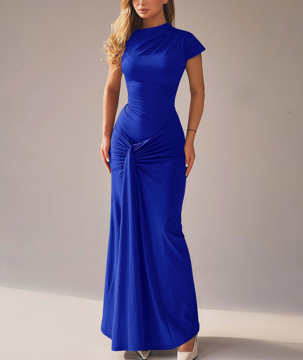 Mojessy Women Bodycon Maxi Dress Sexy Mock Neck Lace Up Bandage Ruched Short Sleeve Long Dress Cocktail Dress