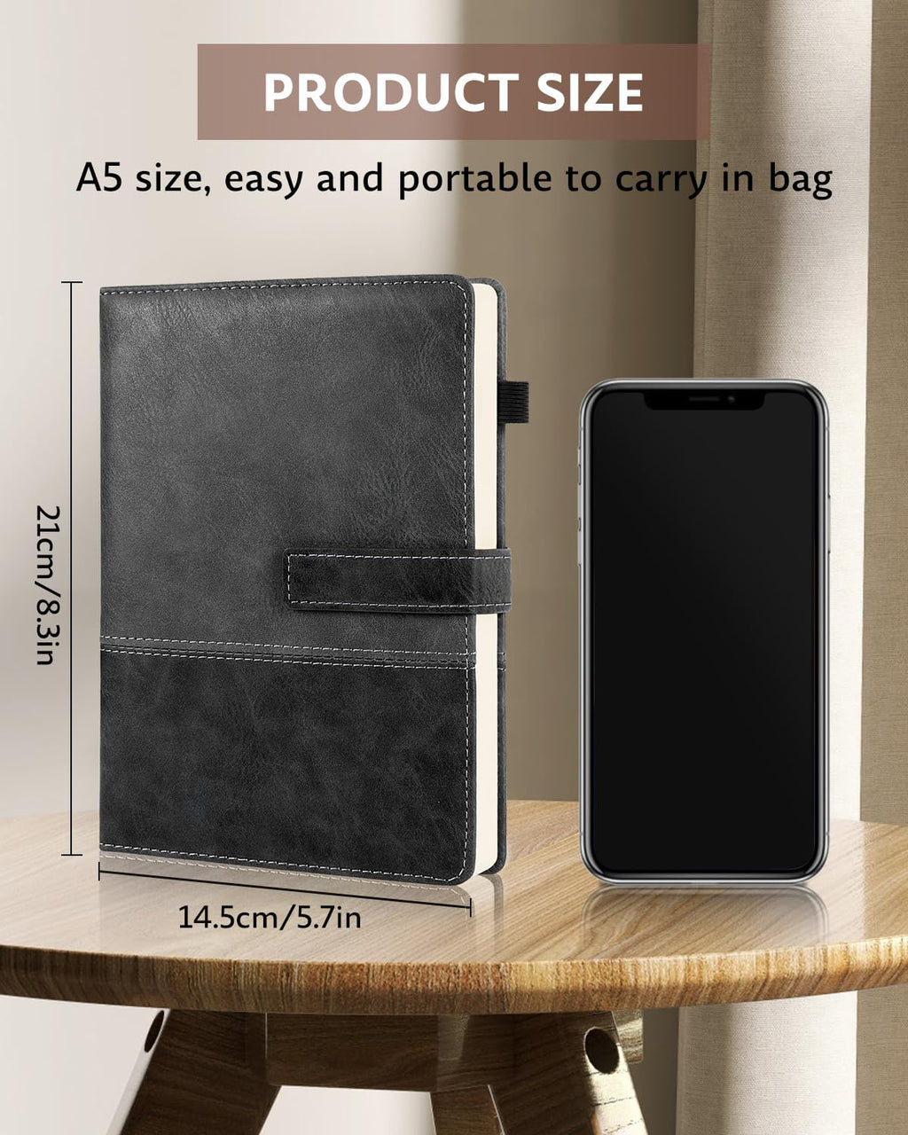 Leather Notebook Journal with Pen, A5 Lined Hardcover Notebook with Magnetic Closure, 240 Pages Daily Journal for Men Women, Ruled Journals Notebooks for Work, Writing, Note Taking - Black