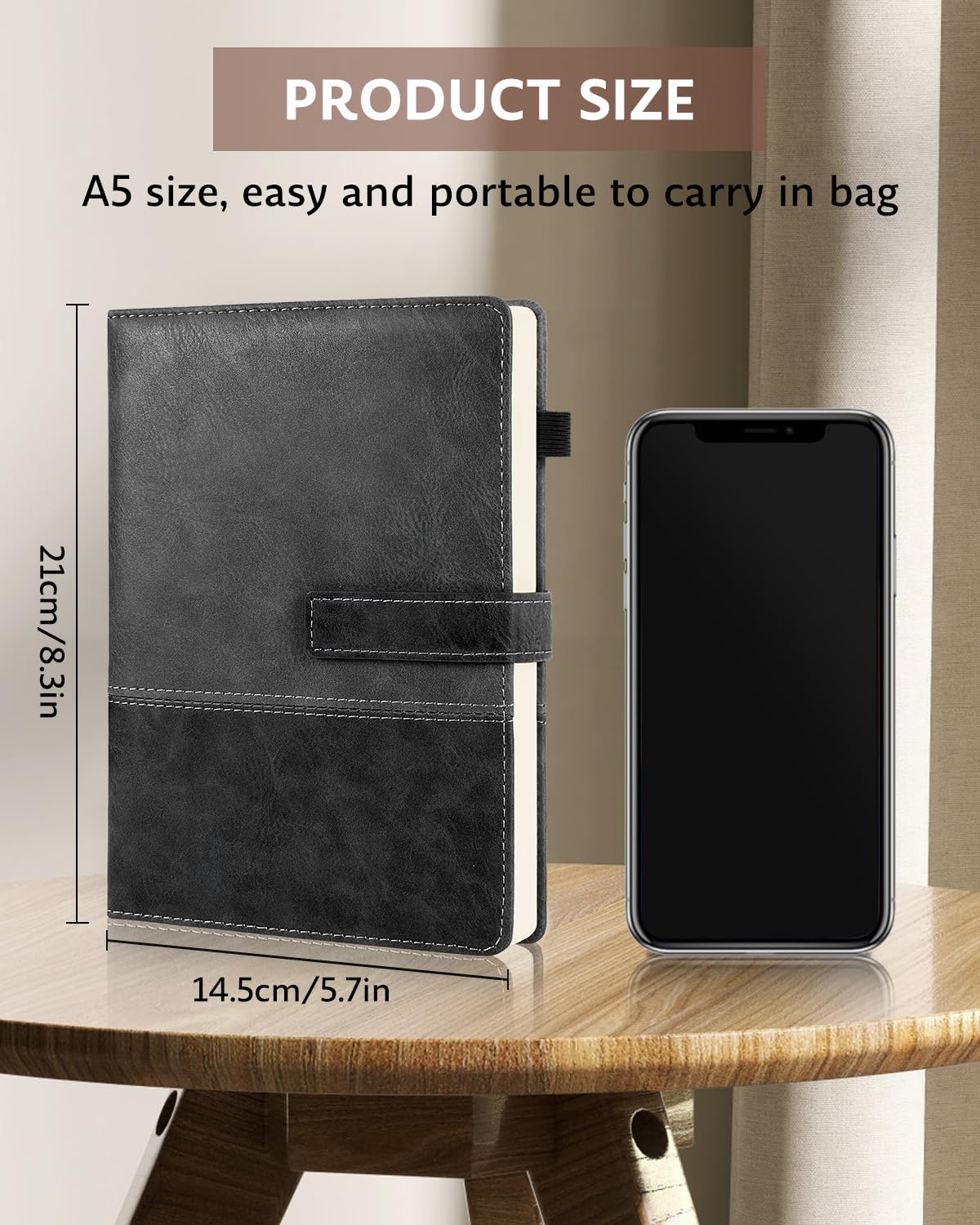 Leather Notebook Journal with Pen, A5 Lined Hardcover Notebook with Magnetic Closure, 240 Pages Daily Journal for Men Women, Ruled Journals Notebooks for Work, Writing, Note Taking - Black