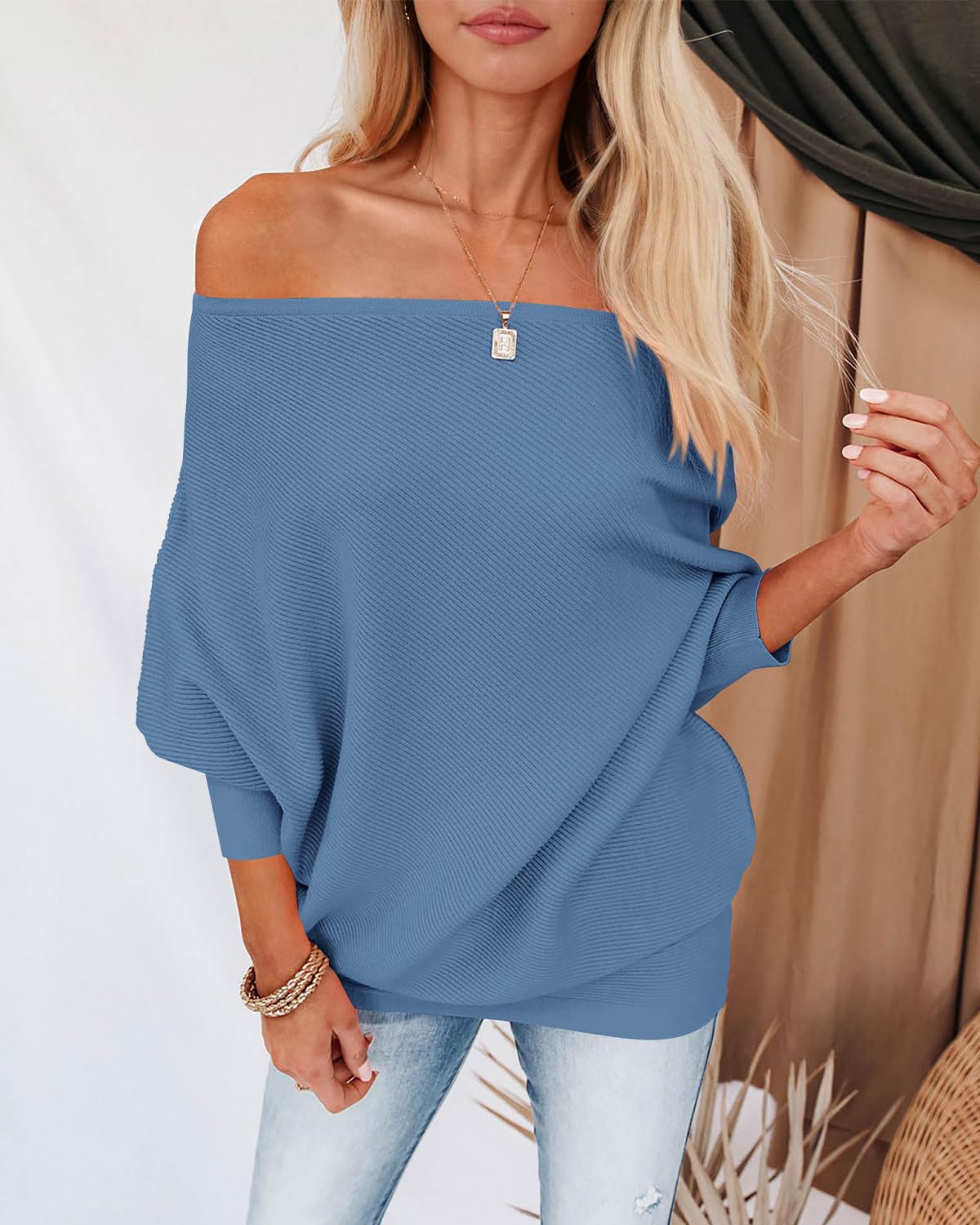 Zenlonr Women's Fall Sweaters 2026 Casual Long Batwing Sleeve Loose Off Shoulder Knit Pullovers Jumper Tops