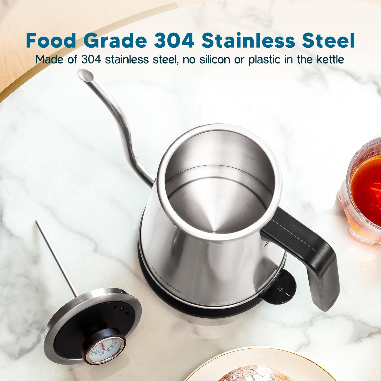 Nueve&Five Gooseneck Electric Kettle with Thermometer， Black Electric Kettle 1L with Auto Shut-Off，1000W Hot Water Kettle of Stainless Steel， Pour Over Kettle for Coffee & Tea
