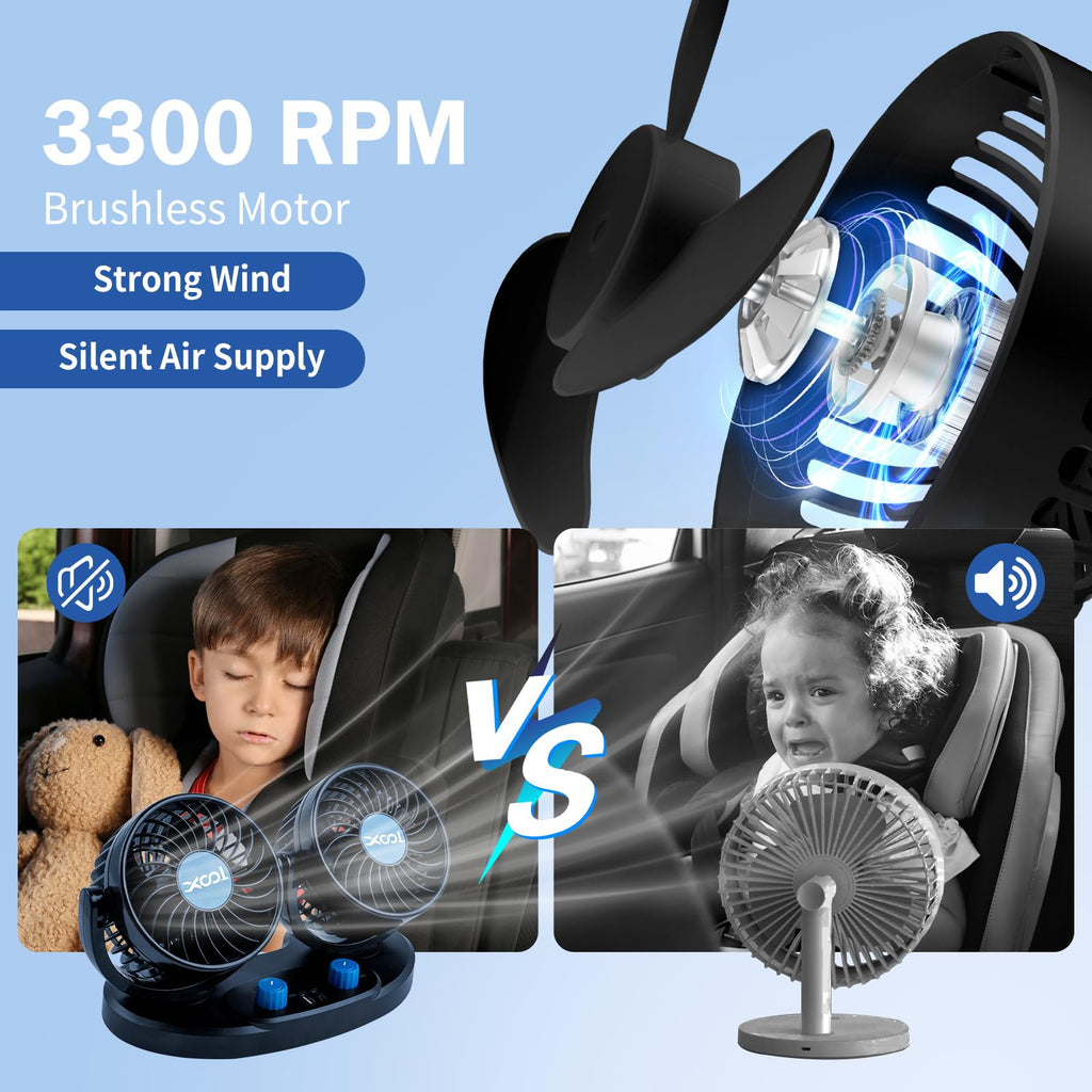 XOOL Clip Car Fan, 9 Inches 12V/24V Fan, 360° Rotatable Electric Cooling Clip on Fan with Stepless Speed Regulation for SUV, RV, Truck