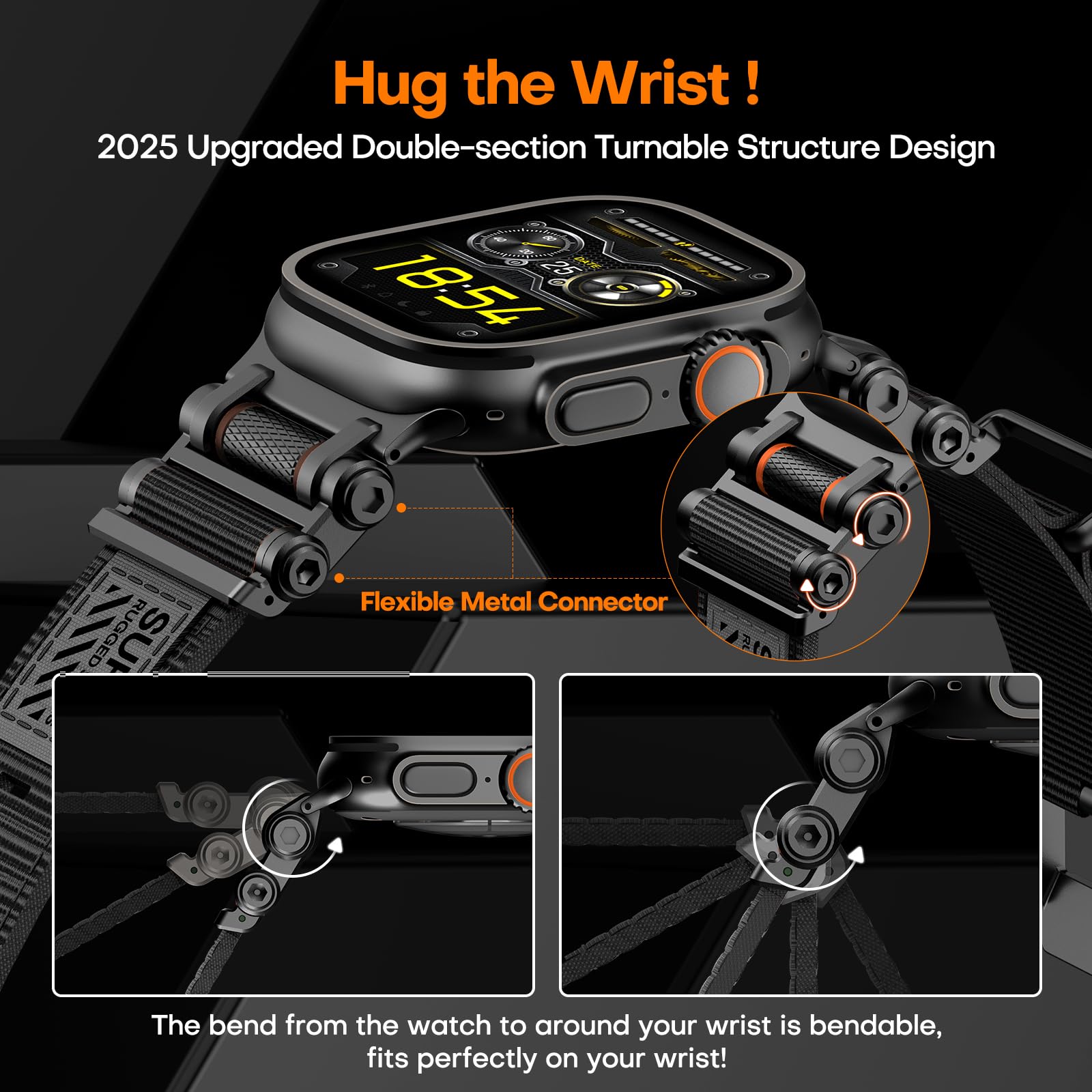 TAURI Nylon for Apple Watch Bands SE/Series 9/8/7/6/5/4 44/45mm, Rugged Nylon Braided Strap & Stainless Steel Connector – iWatch 44mm/45mm Adjustable Woven Band for Men Women, All Black
