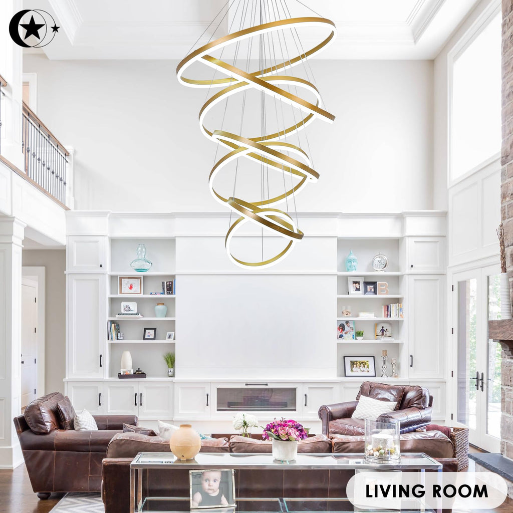 5-Rings Modern LED Chandelier Black Dimmable High Ceiling Chandelier for Dining Room with Remote Control for Foyer Living Room Entryway Staircase(D23.6’’, 3000K-6500K)