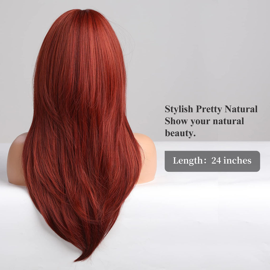 HAIRCUBE Auburn Wigs for Women,Long Layered Orange Wigs with Bangs Heat Resistant Synthetic Fibre Wigs(pelucas de cabello natural)