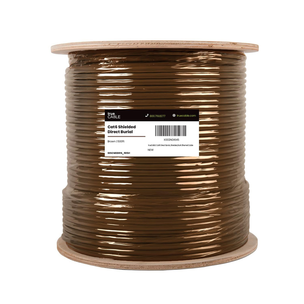 TRUE CABLE Cat6 Direct Burial Outdoor Bulk Ethernet Cable, Shielded F/UTP, 500ft, Brown, 23AWG Solid Bare Copper, Heavy Duty Outdoor, OSP Jacket, Waterproof, UV, 550MHz, PoE++ 100W (4PPoE)