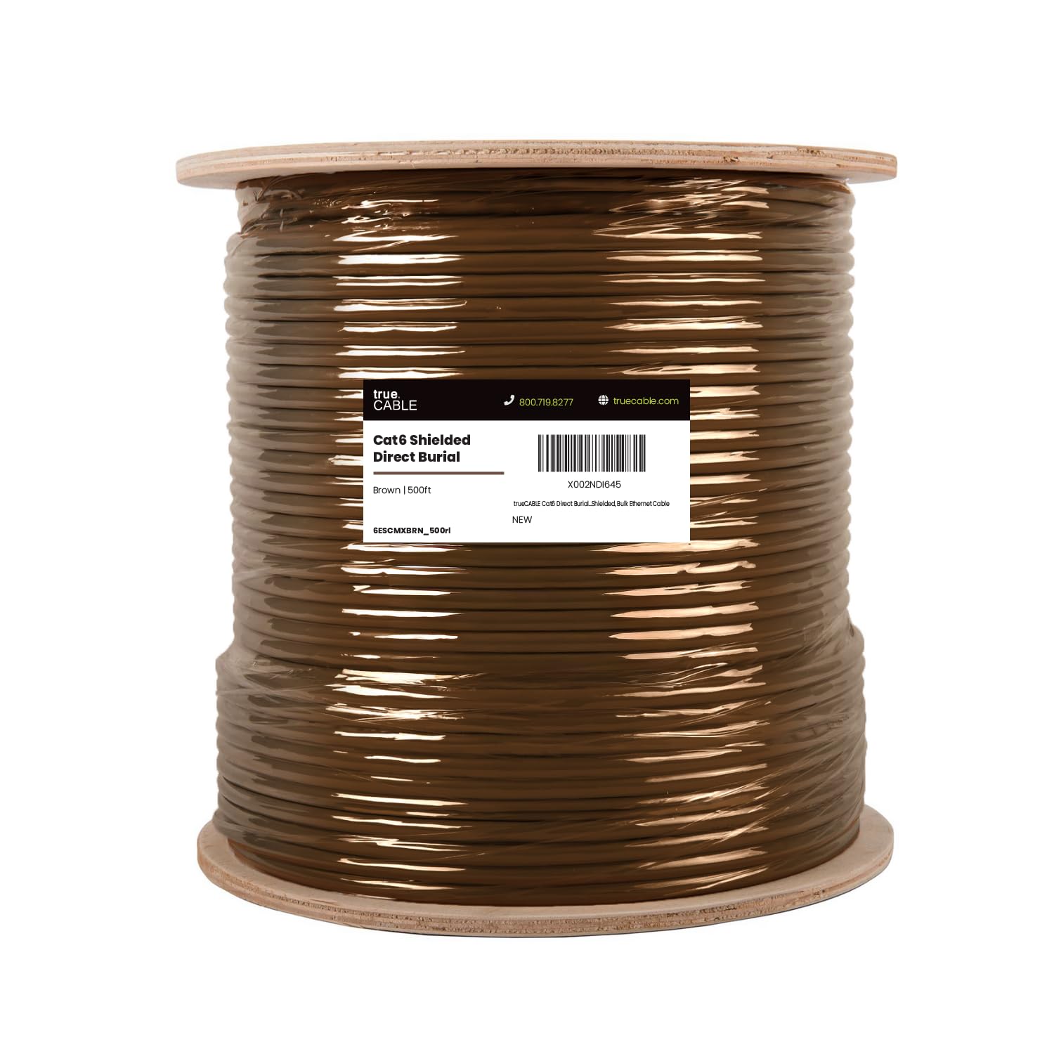 TRUE CABLE Cat6 Direct Burial Outdoor Bulk Ethernet Cable, Shielded F/UTP, 500ft, Brown, 23AWG Solid Bare Copper, Heavy Duty Outdoor, OSP Jacket, Waterproof, UV, 550MHz, PoE++ 100W (4PPoE)
