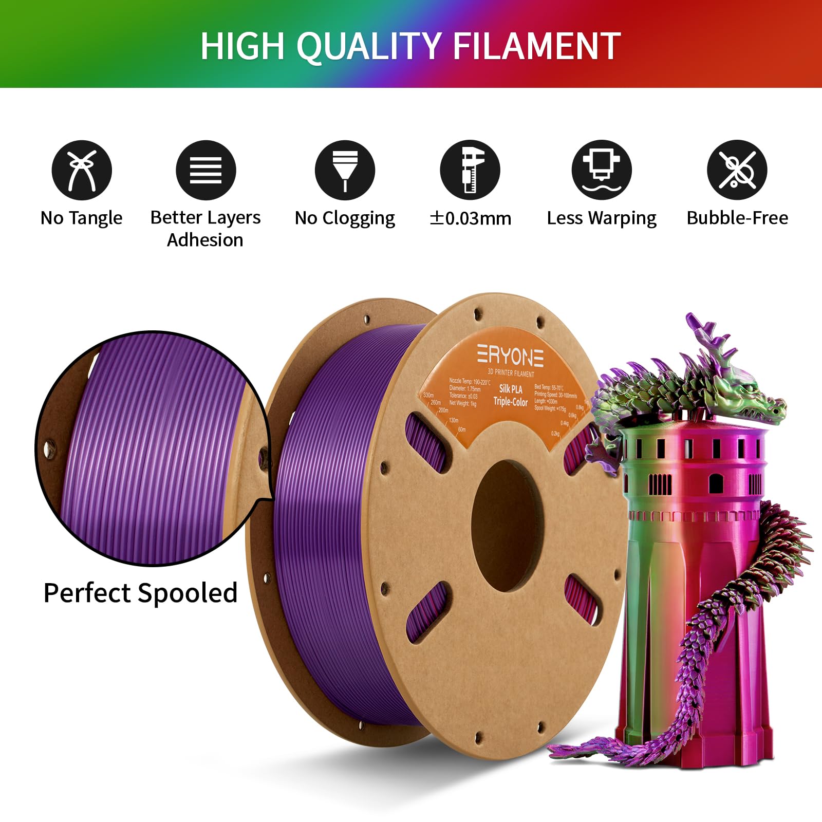 ERYONE Silk Dual Color PLA Filament 3D Printer 1.75mm +/- 0.03mm, Bicolor Filament Two Tone PLA Bundle 2KG Cardboard Spool, Black Gold