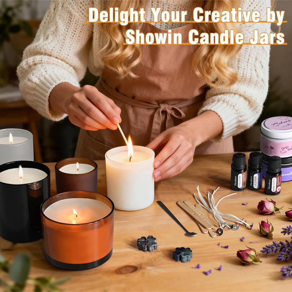 SHOWIN 10 OZ Thick Candle Jars for Making Candles 15 Pcs, Empty Jars with Wood Lids for Candle Making, Sample Container, Inner Black