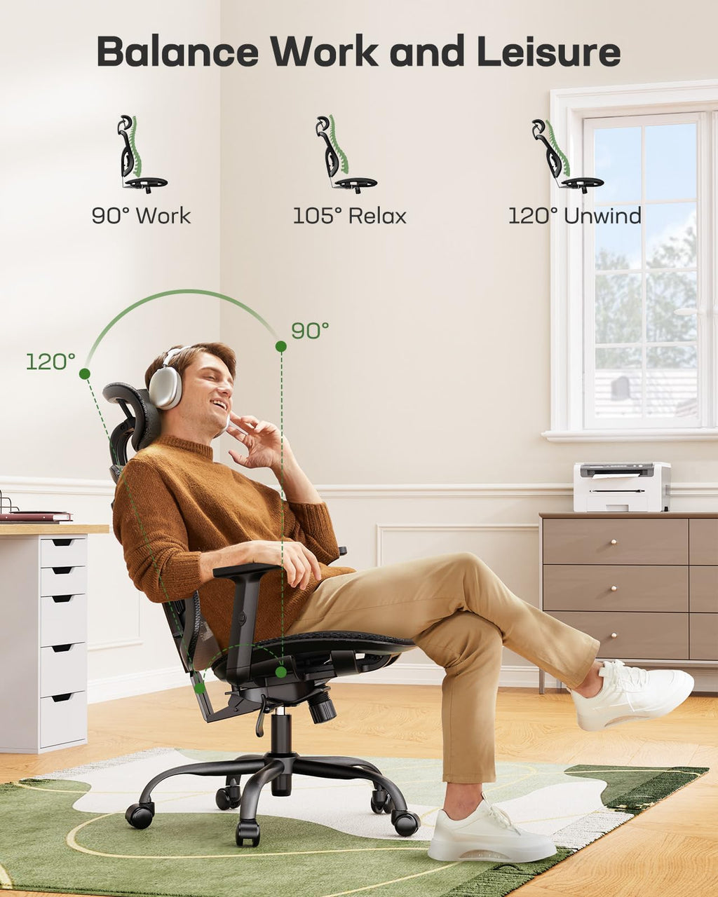 Marsail Office Chair Ergonomic Desk Chair with 3 Ways PU Armrests and Adjustable Lumbar Support Breathable Mesh Computer Chair Executive Rolling Swivel Comfy