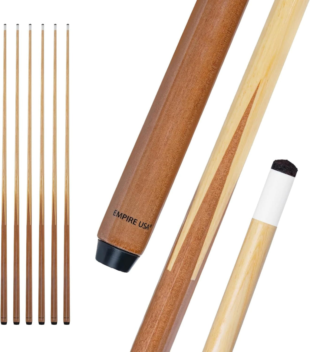Empire USA Set of 6 Pool Cues - 57” One-Piece Hardwood Billiard Cue Sticks with 13mm Leather Tips, House Bar Pool Sticks for Pool Tables