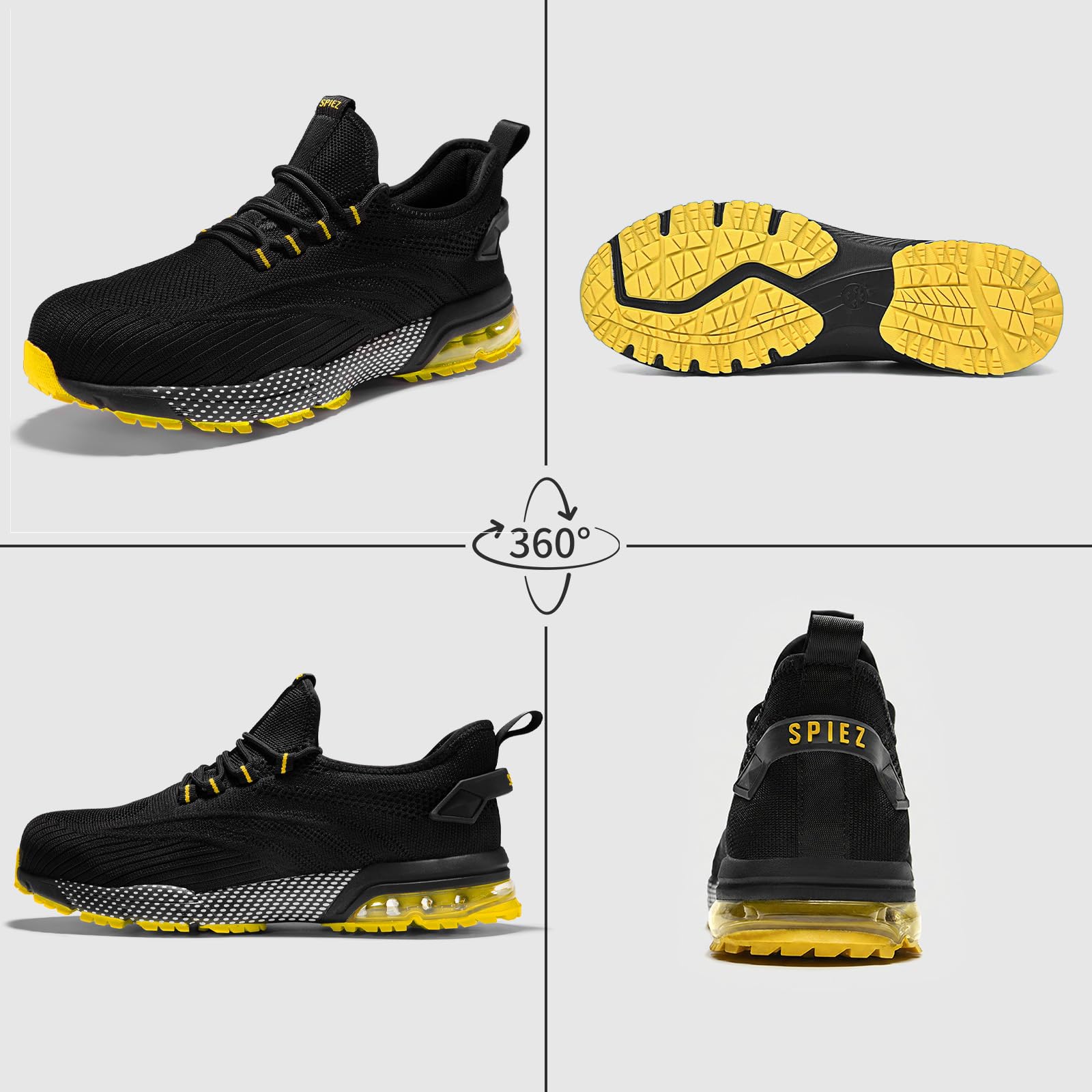 SPIEZ Composite Toe Shoes for Men Women, Lightweight Breathable Non Steel Toe Safety Shoes, Puncture Proof Slip Resistant Work Sneakers for Construction,Warehouse,Black Blue/Black Yellow