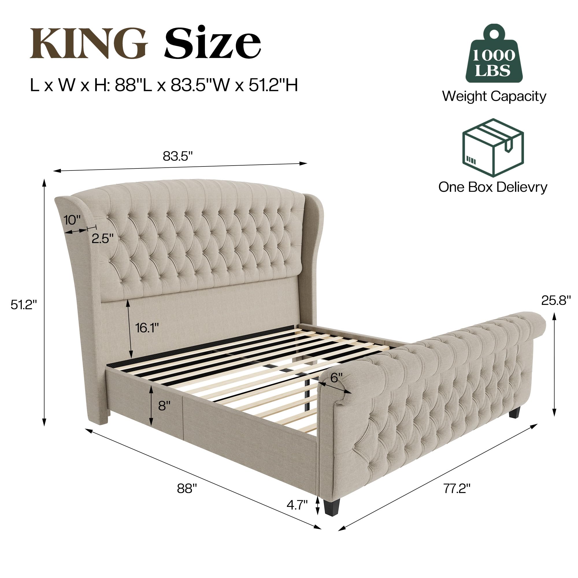 LUXOAK Queen Size Platform Bed Frame, Velvet Upholstered Sleigh Bed with Curved Headboard & Footboard, Deep Button Tufted, Wood Slats Support, No Box Spring Needed, Black