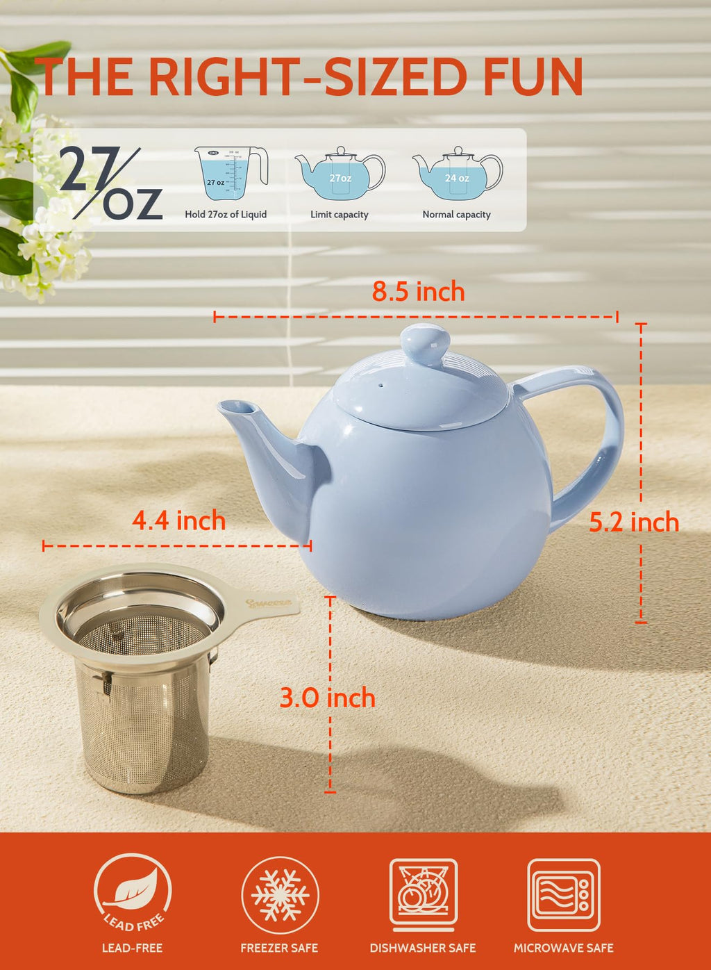 Sweese Porcelain Teapot 27 oz with Infuser for Loose Leaf Tea, Bluish Grey