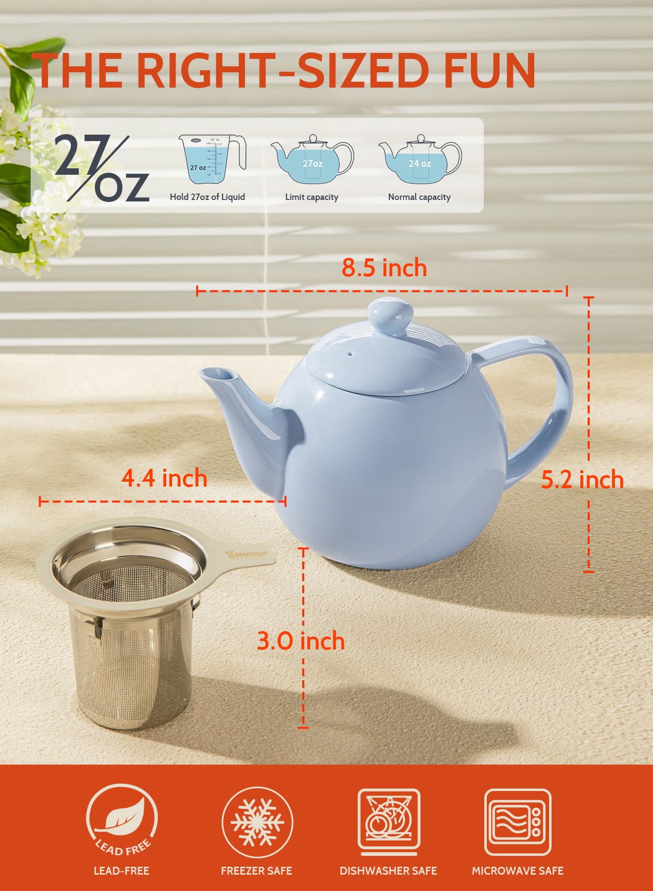 Sweese Porcelain Teapot 27 oz with Infuser for Loose Leaf Tea, Bluish Grey