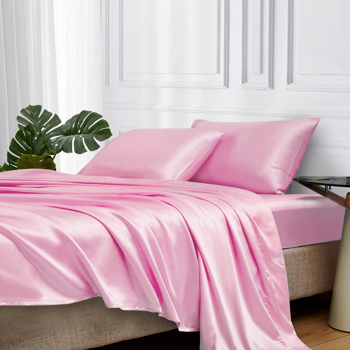 MR&HM Satin Sheets with Elastic Corner Straps, Twin Size 3-Piece Silky Bedding Set, Deep Pocket 15 Inches, Good for Hair & Skin (Twin, Black)