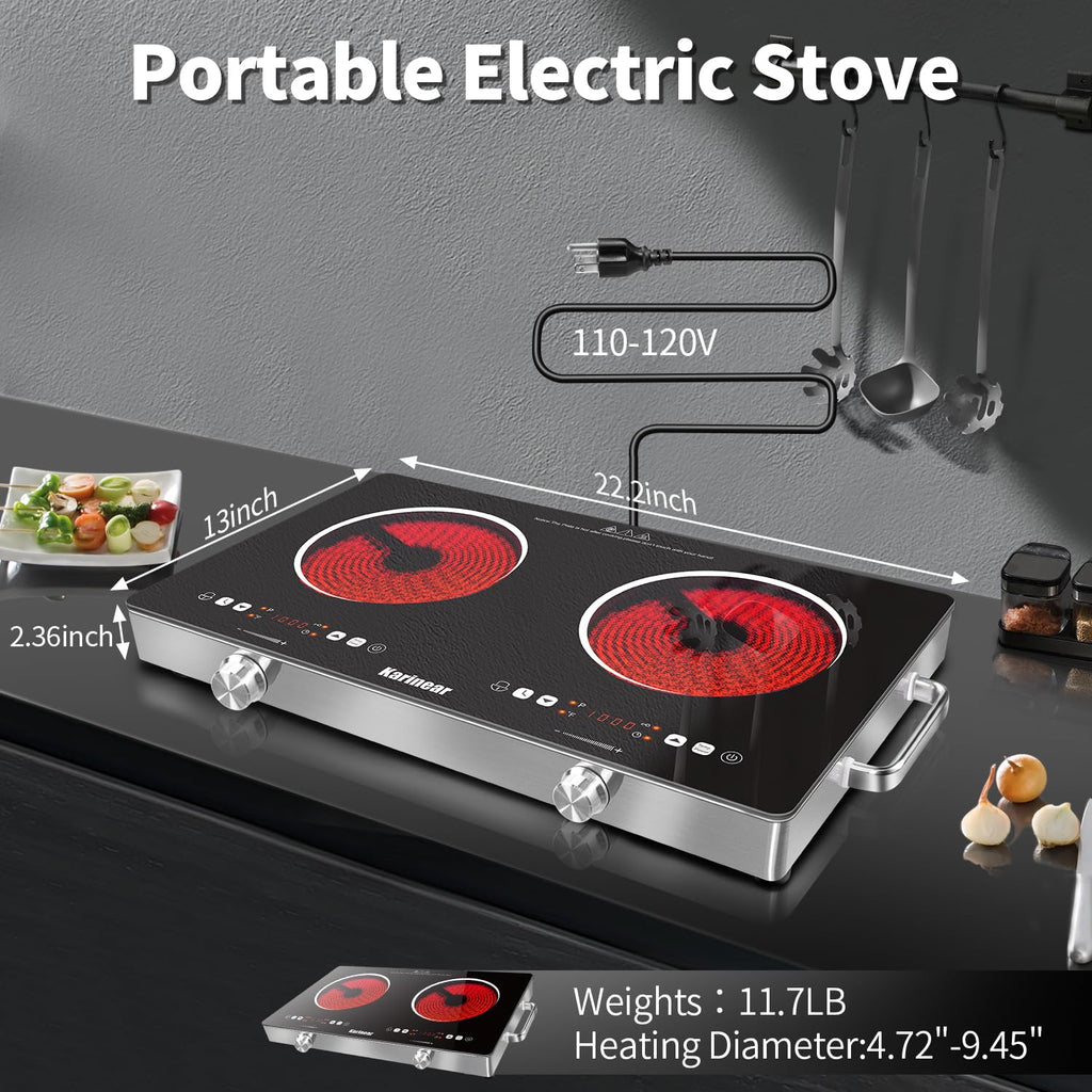 Karinear Portable Electric Stove 110V, 1800W Electric Hot Plate with Handle, Knob Control Single Burner Electri Cooktop, Ceramic Infrared Countertop Burner, Timer, Safety Lock(Green)