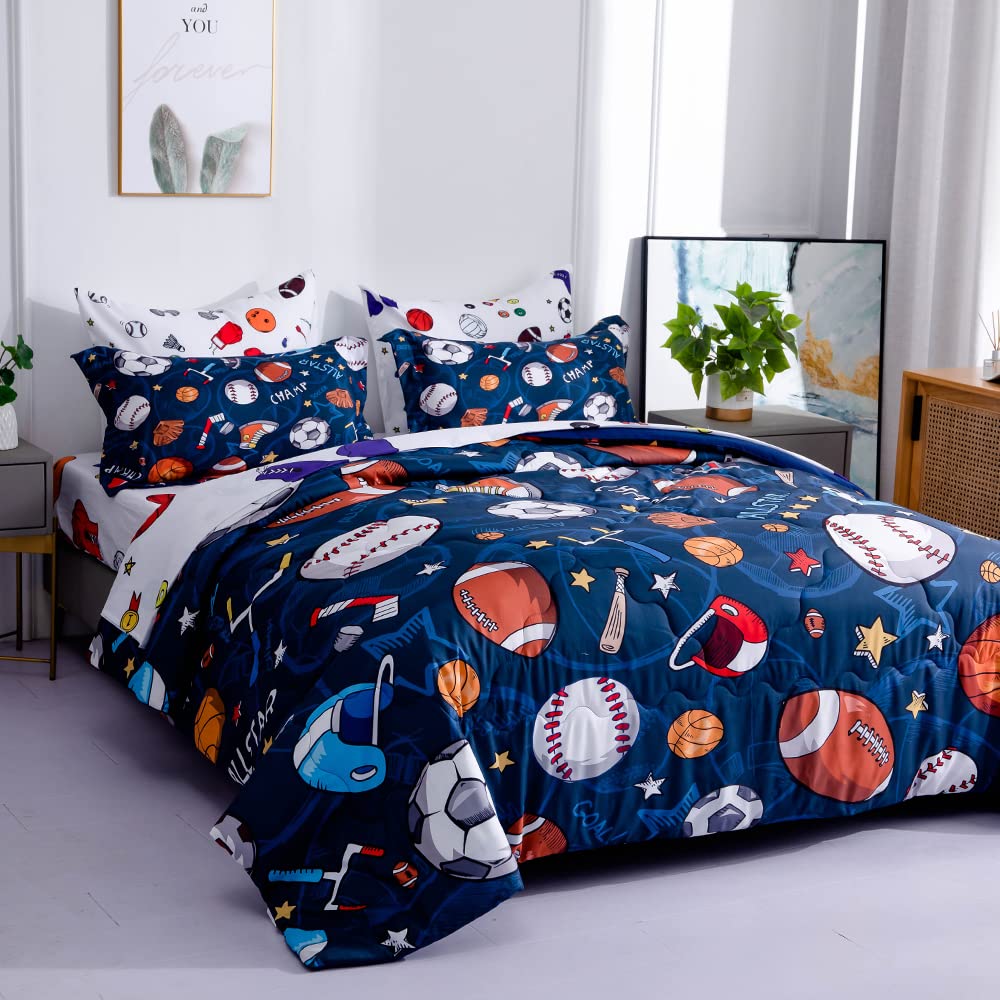 Wajade 7 Piece Blue Bow Comforter Set for Girls Kids Twin Size Bedding Set with Sheet and 2 Pillowcases 2 Pillow Shams Cute Girls Bed in a Bag as Birthday Choice