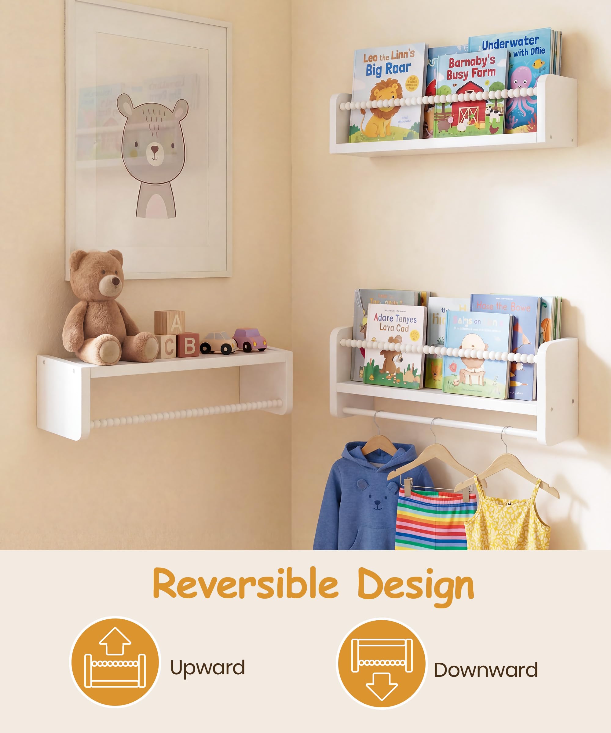 Nursery Book Shelves for Wall Set of 3, Natural Wood Bookshelves Wall Decor, Small Floating Shelf Organizer for Kids Room, Bedroom, Kitchen Spice Rack