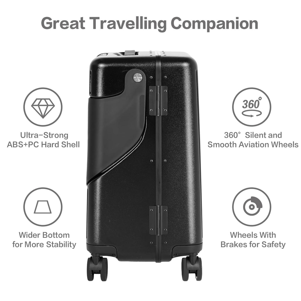 smilesun 20" Carry On Luggage with Seat For Kids & Adults，Hardside Ride On Suitcase Front Opening with 360°Spinner and TSA Lock For Travel (Black with Front Open, 20")