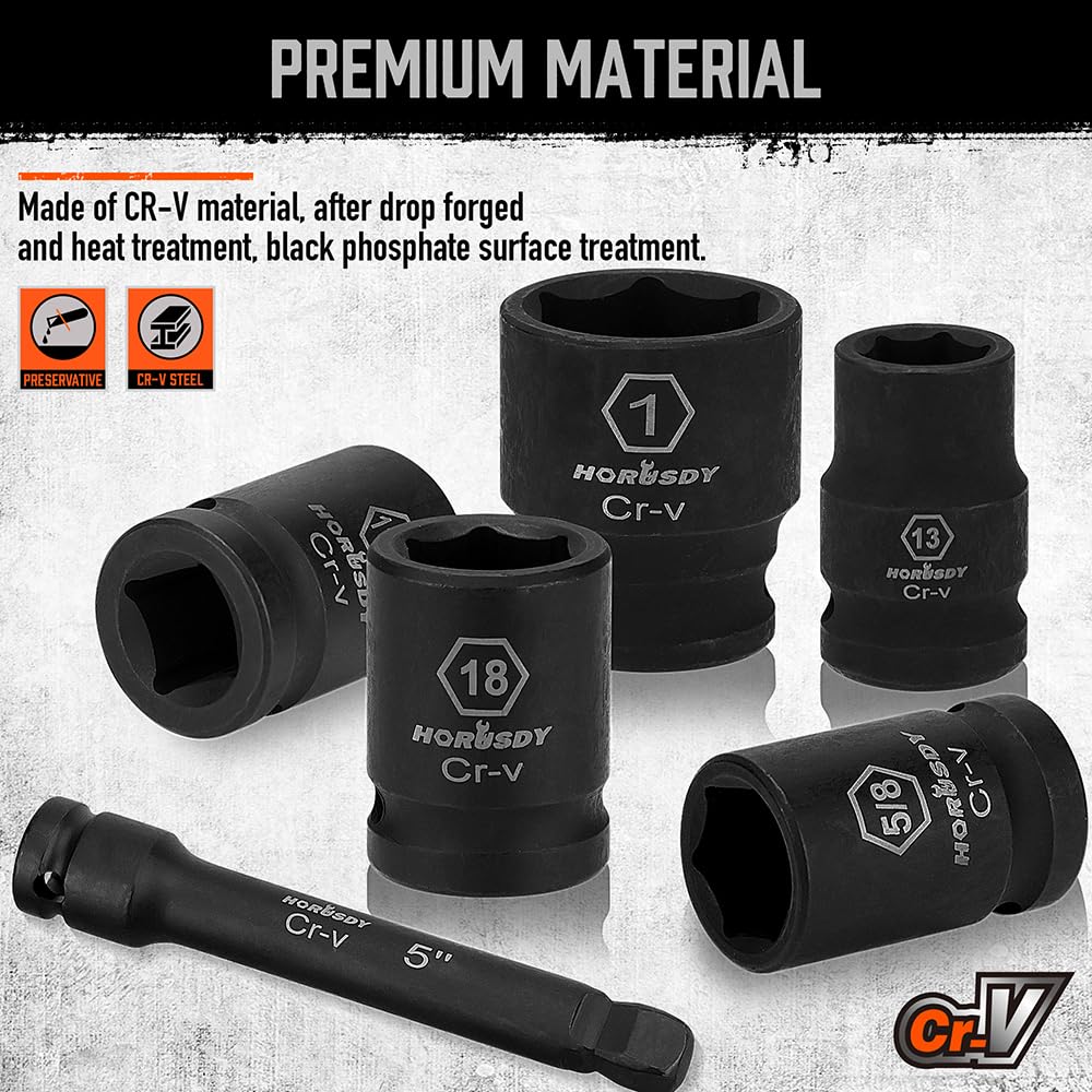 HORUSDY 1/2" Drive Shallow Impact Socket Set, 24-Piece SAE (7/16"-1") and Metric (13-24mm), 6 Point, Cr-V, Includes 1/2-Inch Drive Ratchet Handle, Drive Extension Bar
