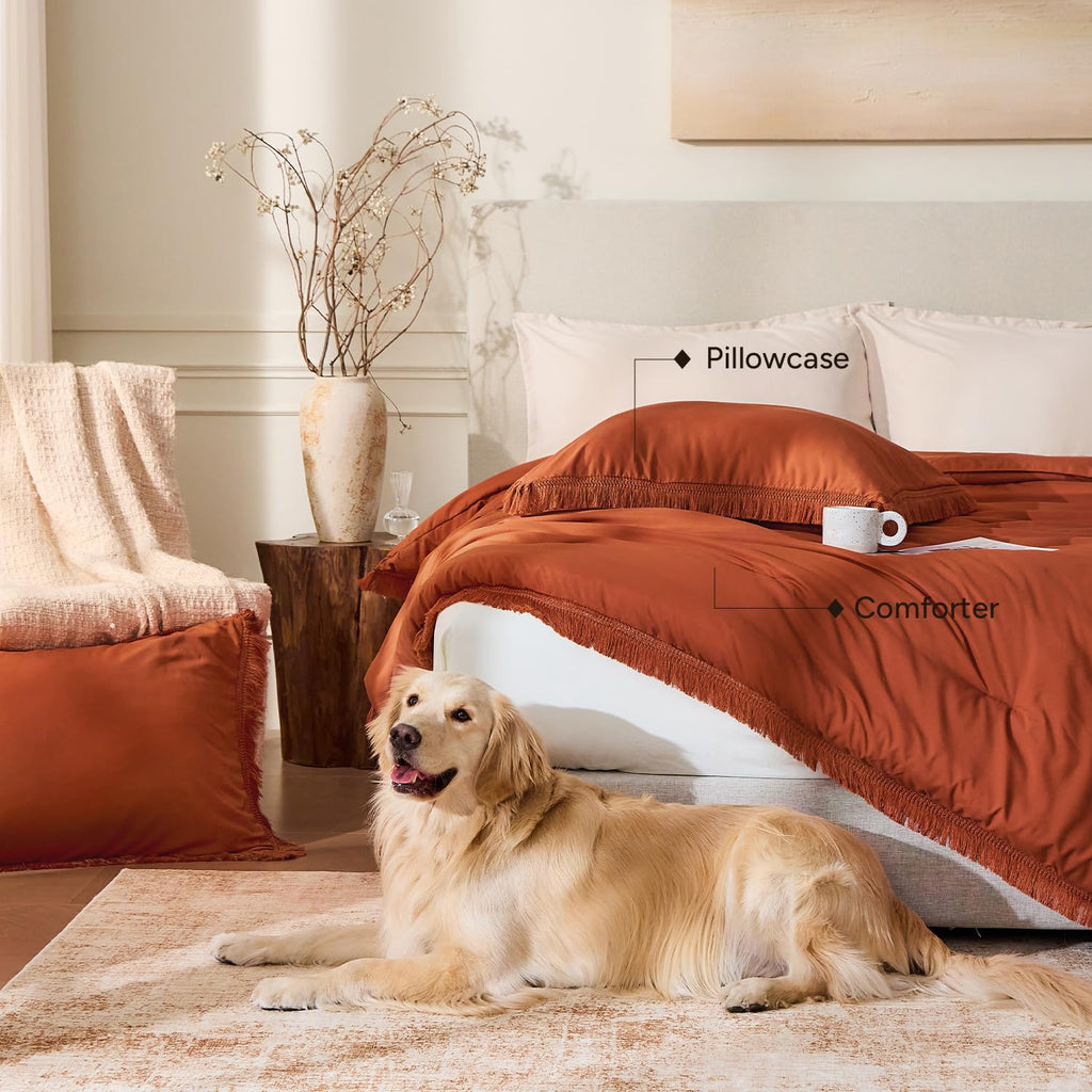 Andency Comforter Full Size Set Burnt Orange, 3 Pieces Boho Terracotta Winter Lightweight Bedding Comforter Sets, All Season Rust Tassel Bed Set (79x90In Comforter & 2 Pillowcases)