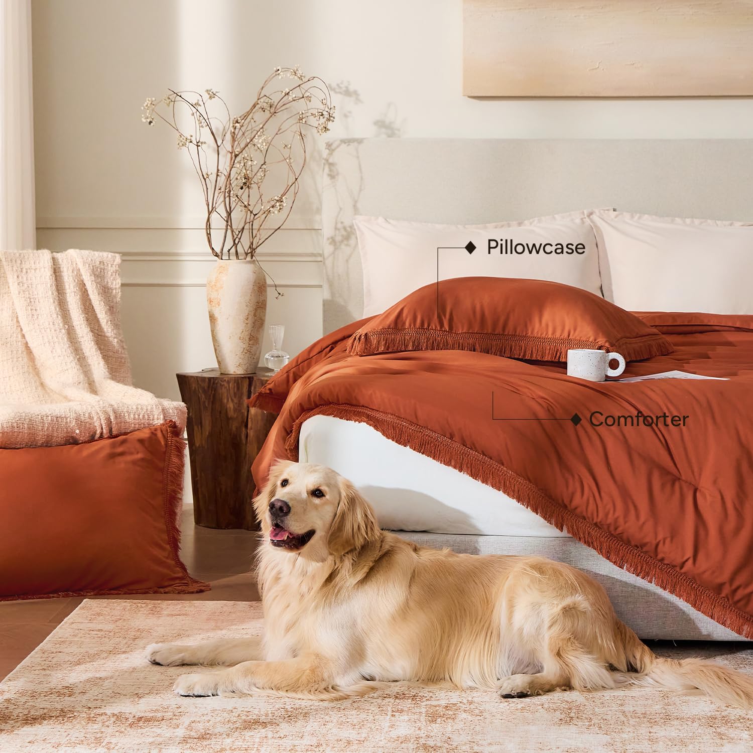 Andency Comforter Full Size Set Burnt Orange, 3 Pieces Boho Terracotta Winter Lightweight Bedding Comforter Sets, All Season Rust Tassel Bed Set (79x90In Comforter & 2 Pillowcases)