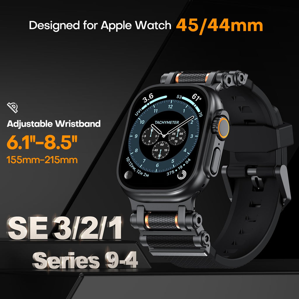 TAURI Nylon for Apple Watch Bands SE/Series 9/8/7/6/5/4 44/45mm, Rugged Nylon Braided Strap & Stainless Steel Connector – iWatch 44mm/45mm Adjustable Woven Band for Men Women, All Black