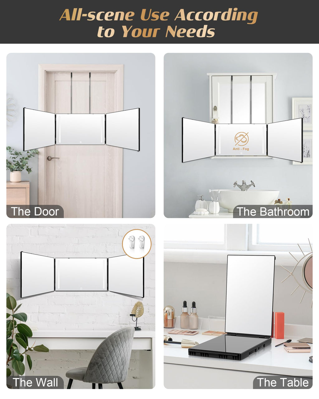 JUSRON 360 Viewing Angle Self Hair Cutting Mirror, Clear Anti-Fog HD Glass, USB Rechargeable, Easy to Use, Height Adjustable, Portable, Good Choice for Gifts