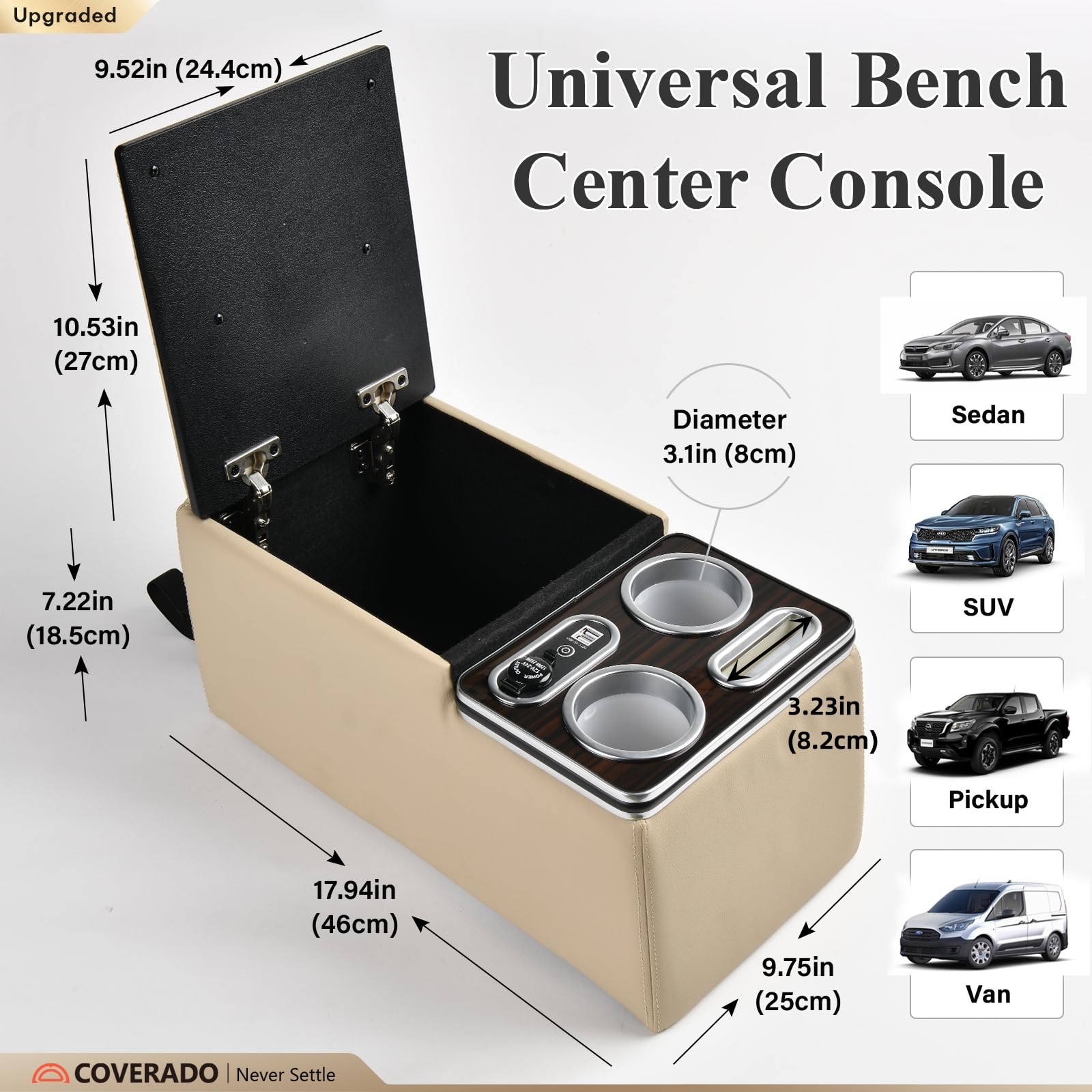 Coverado Car Center Console, Universal Rear Bench Seat Consoles, Truck Seat Organizer and Storage, Back Seat Car Organizer with Cup Holder, Large Storage Box, Central Armrest Box (Regular, Beige)