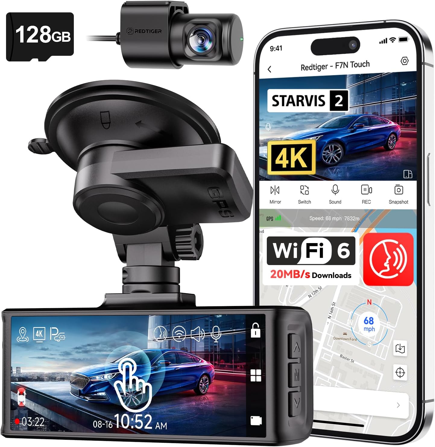 REDTIGER 4K STARVIS 2 Dash Cam Front and Rear, 5GHz WiFi 20MB/s Download, 128GB Card Included, Voice Control, Dash Camera for Cars with 3.18" Touch Screen, GPS, Loop Recording, Parking Mode(F7N Touch)