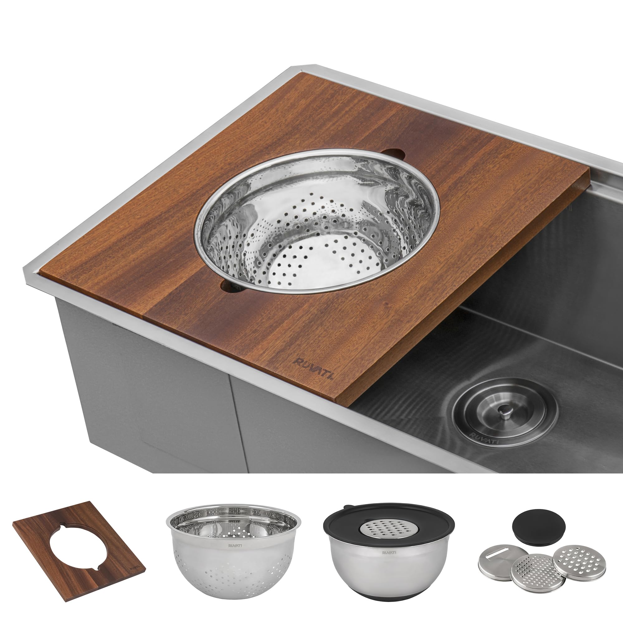 Ruvati 33-inch Workstation Kitchen Sink - Dual Tier Double Bowl Kitchen Sink - Low Divide Undermount Sinks - 16 Gauge Stainless Steel Kitchens Sinks - RVH8255