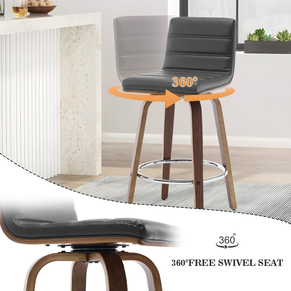 Bar Stools 29 Inch Bar Height, Swivel Bar Stools with Backs Upholstered PU Leather Barstool, L Shape Back and Padded Seat, Mid-Century Modern Bar Stool Pub Chairs for Kitchen Counter Island, Black