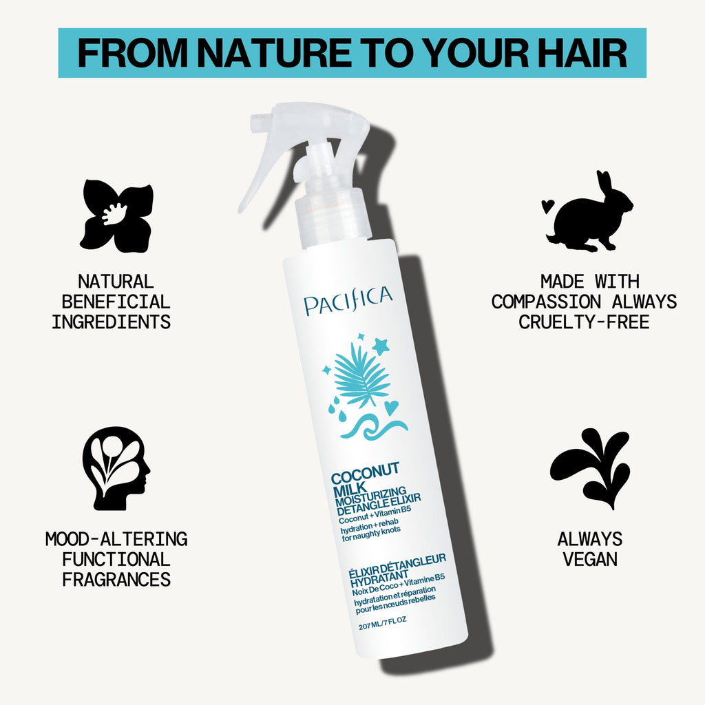 Pacifica Coconut Milk Hair Detangler Spray – Leave-In Conditioning Elixir for Tangle-Free Hair – Instantly Detangles Knots, Adds Shine & Moisture, Prevents Breakage & Frizz – Vegan & Cruelty-Free | Vegan